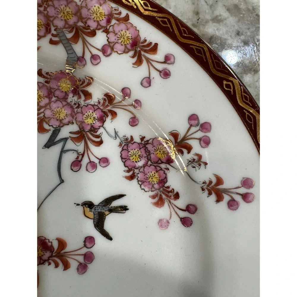 Vintage Kutani Japanese Porcelain Plate Cherry Blossom Bird Hand Painted 7.25in